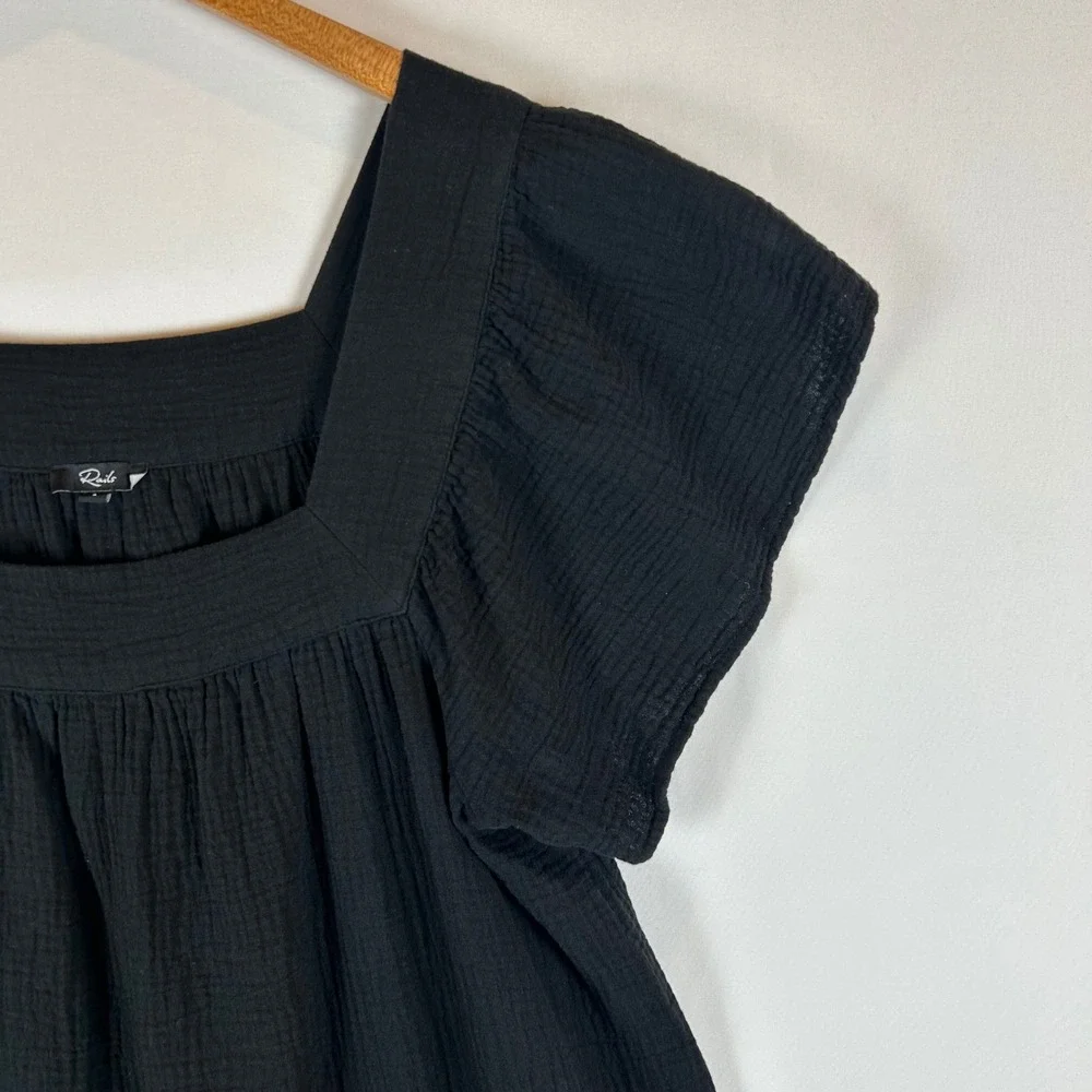 Rails Everdeen Black Cotton Gauze Mini Dress Square Neck Flutter Sleeve L - Picture 10 of 13